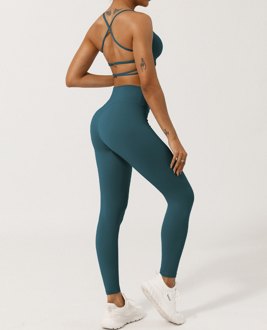 Nude Feel Caged Back Yoga Top and Ruched Front High Waisted Pants Set