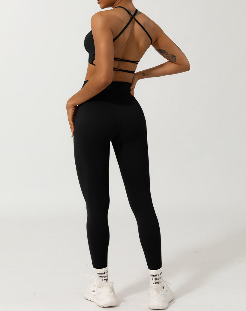 Nude Feel Caged Back Yoga Top and Ruched Front High Waisted Pants Set