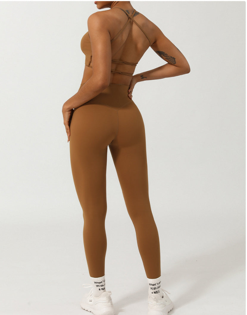 Nude Feel Caged Back Yoga Top and Ruched Front High Waisted Pants Set