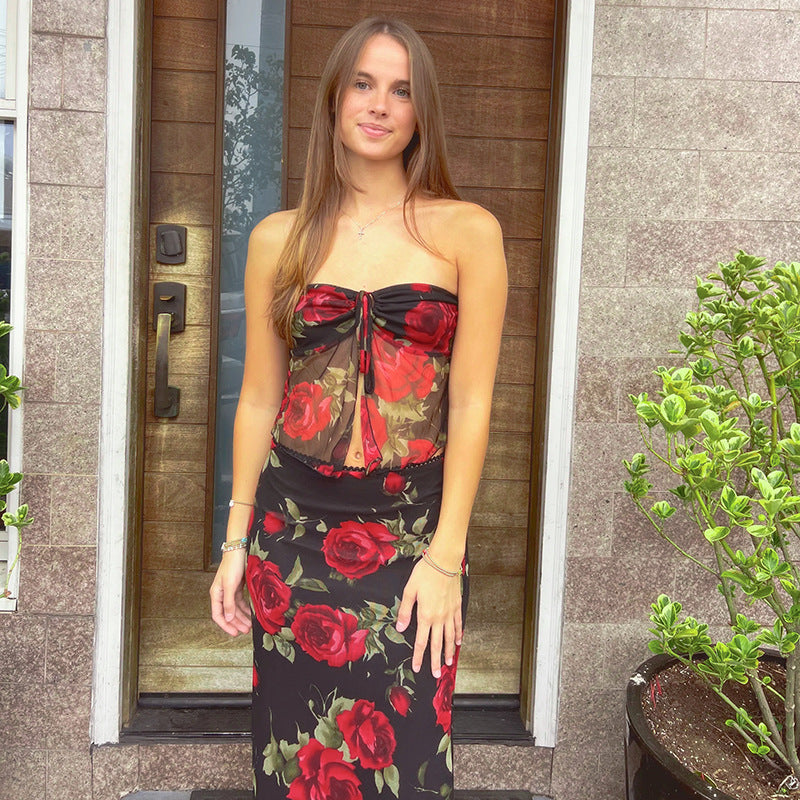 Y2K Mesh Rose Print Low Rise Maxi Skirt and Split Tube Top set