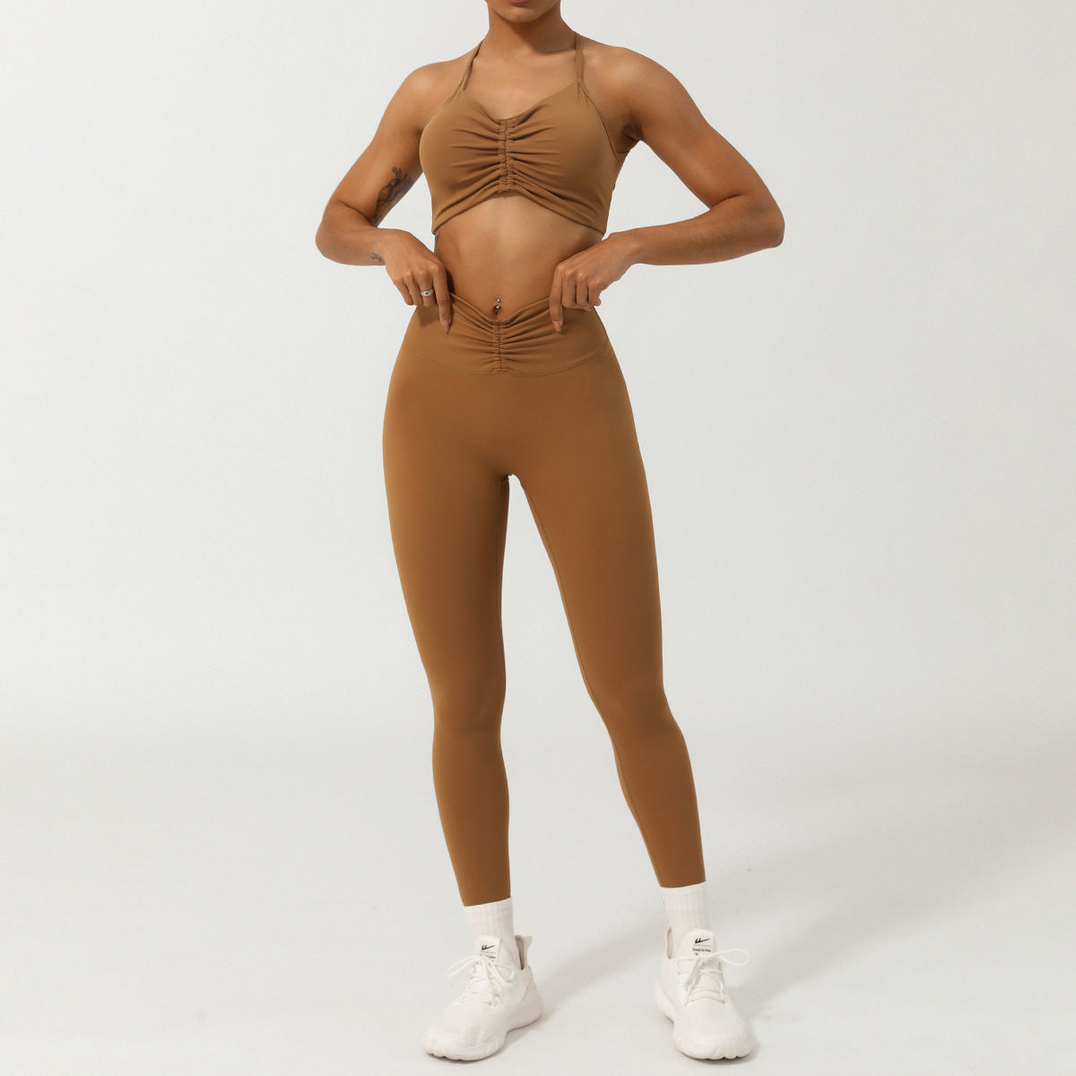 Nude Feel Caged Back Yoga Top and Ruched Front High Waisted Pants Set