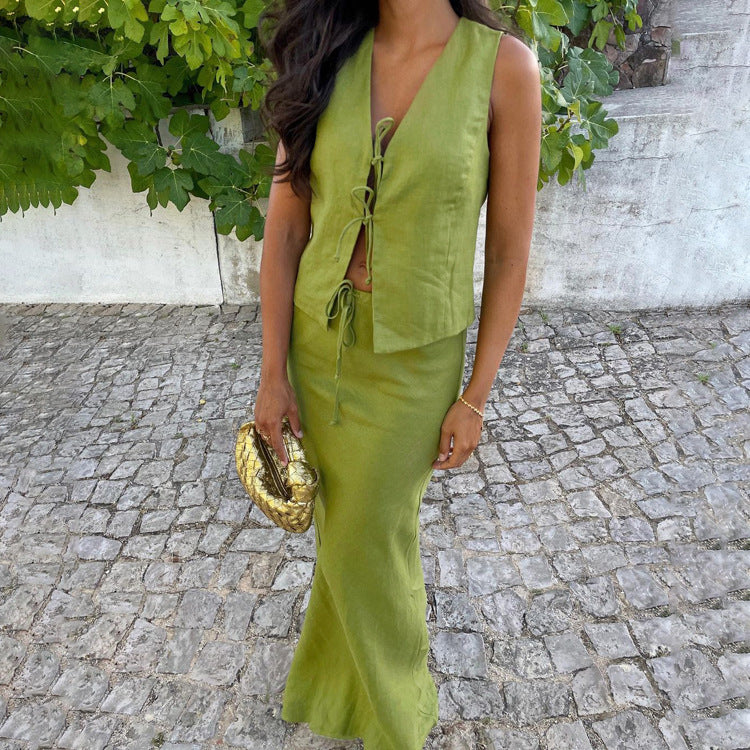 Y2K Summer Lace Up Vest and Skirt Two Piece Set