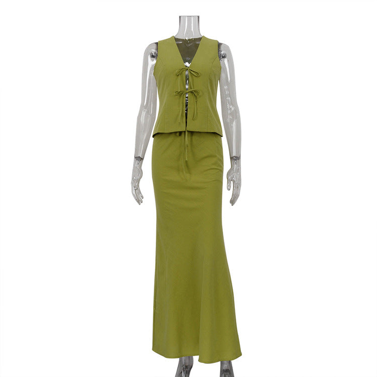 Y2K Summer Lace Up Vest and Skirt Two Piece Set