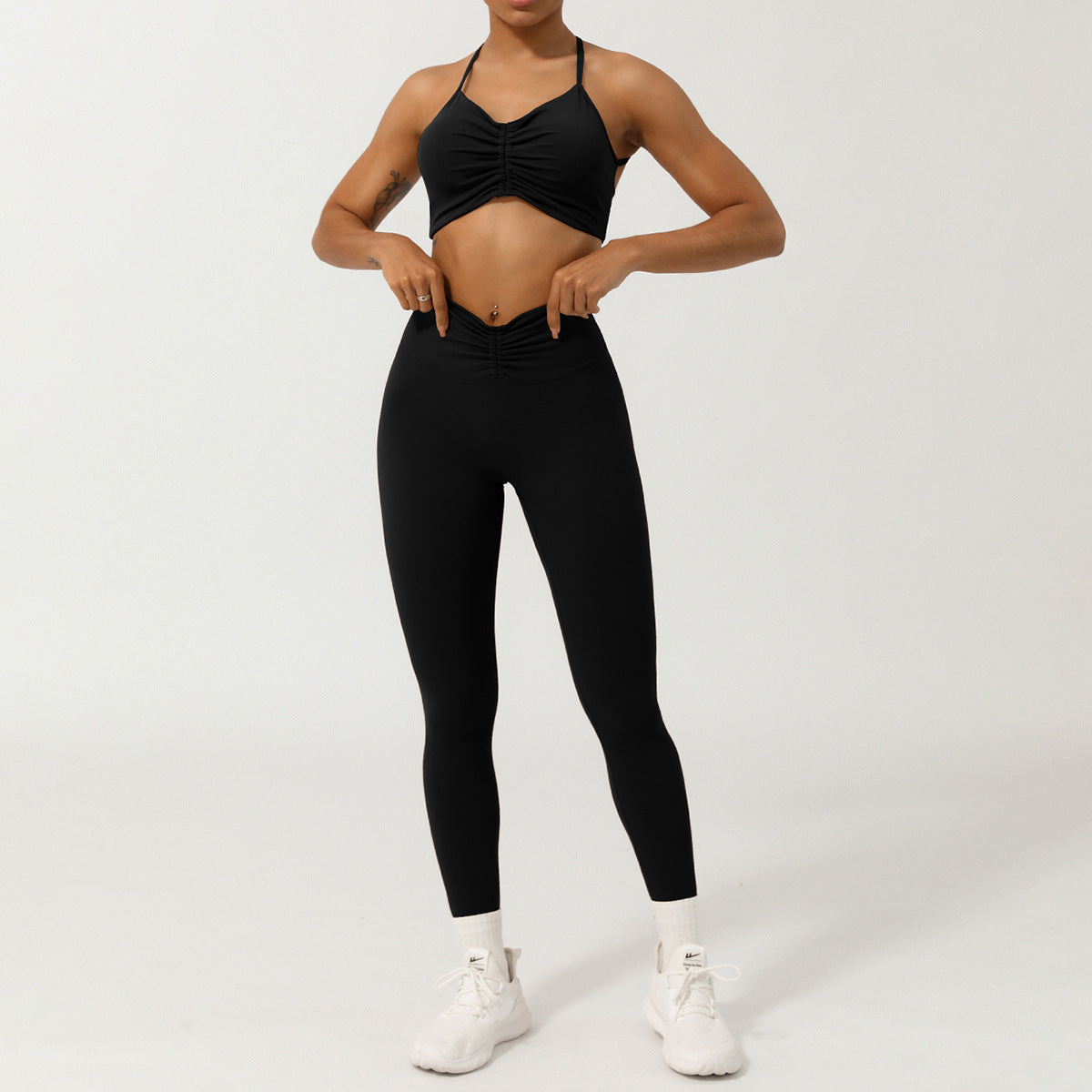 Nude Feel Caged Back Yoga Top and Ruched Front High Waisted Pants Set