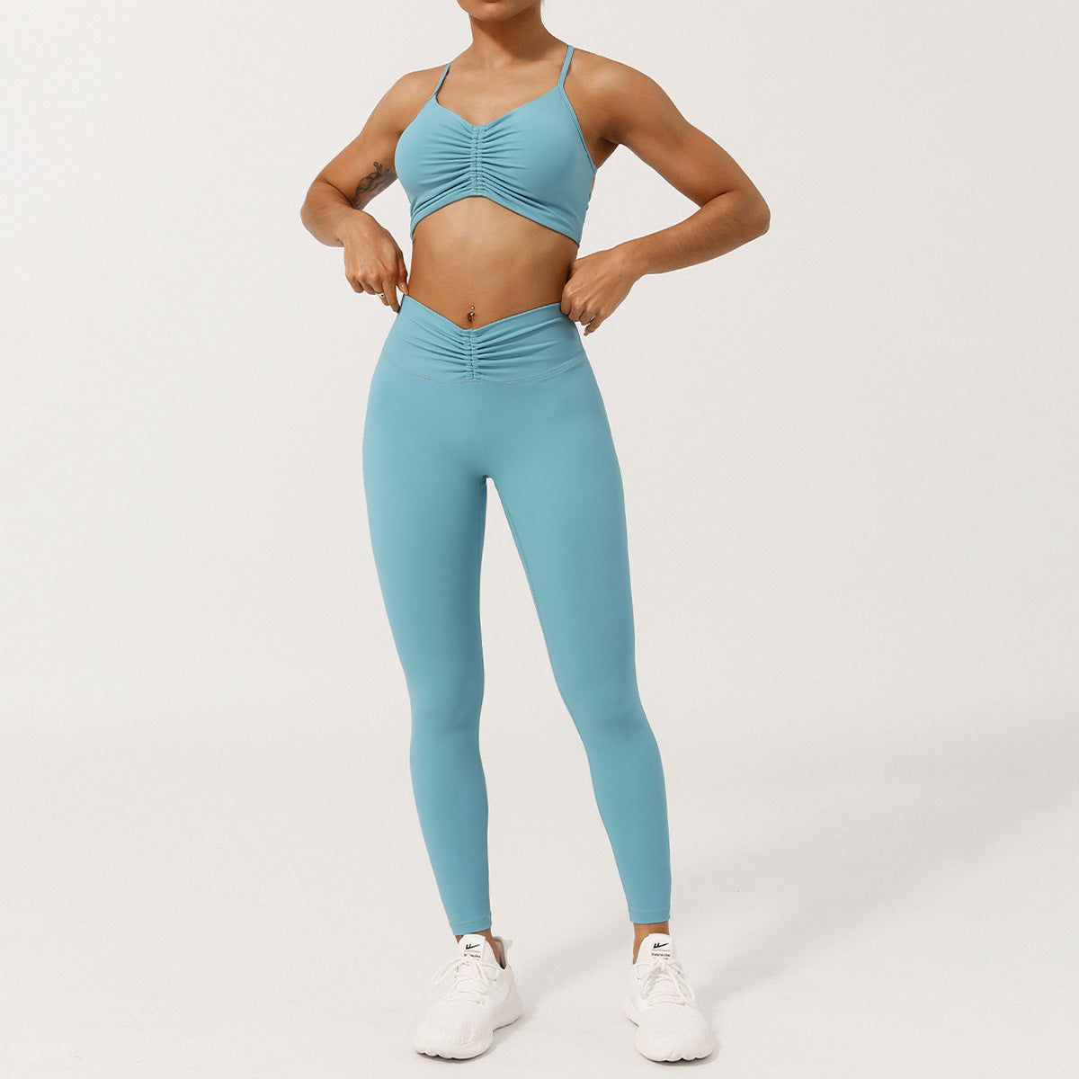 Nude Feel Caged Back Yoga Top and Ruched Front High Waisted Pants Set