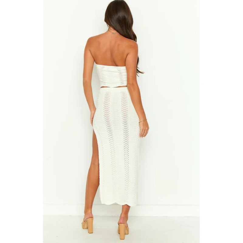Summer Knit Bow Detail Tube Top and High Waisted Midi Skirt with Slit Set