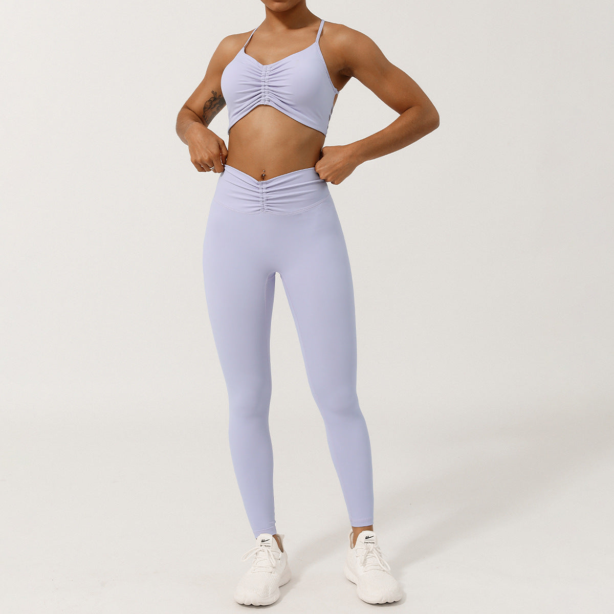 Nude Feel Caged Back Yoga Top and Ruched Front High Waisted Pants Set