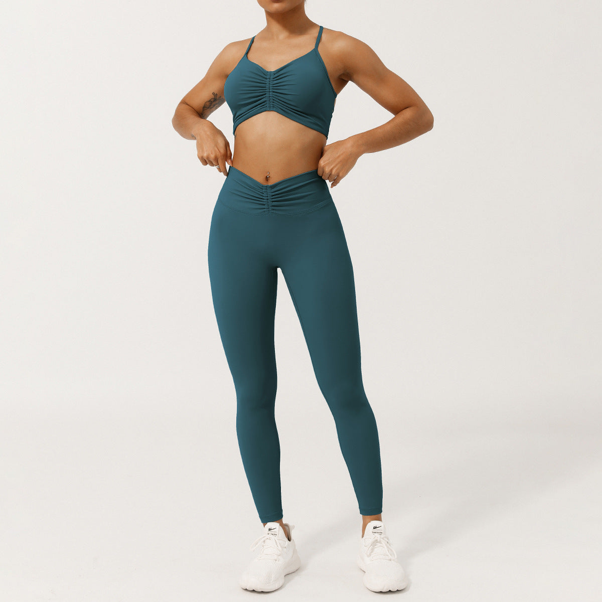 Nude Feel Caged Back Yoga Top and Ruched Front High Waisted Pants Set