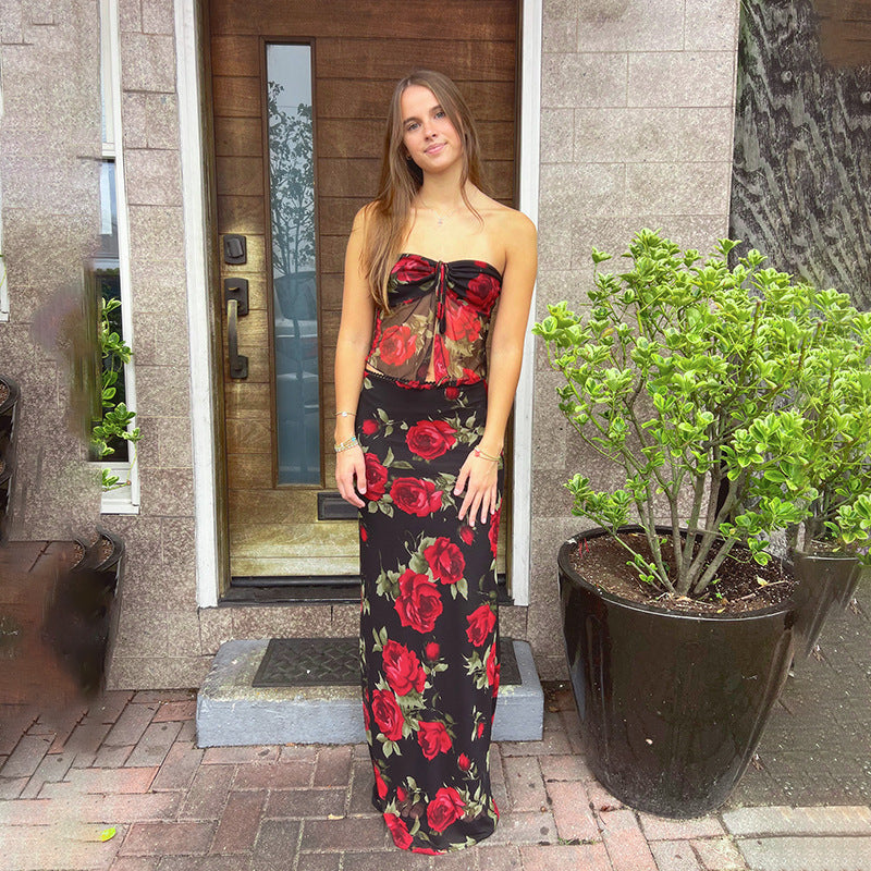 Y2K Mesh Rose Print Low Rise Maxi Skirt and Split Tube Top set