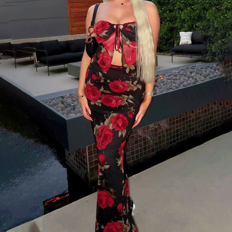 Y2K Mesh Rose Print Low Rise Maxi Skirt and Split Tube Top set