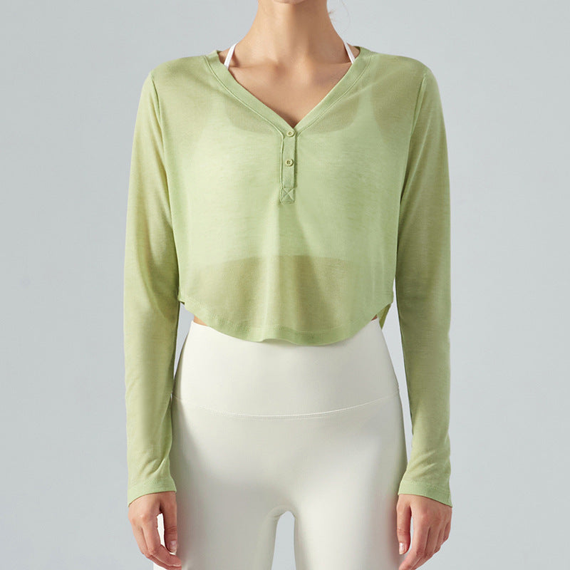 Sheer Long Sleeve Crop Button-Up Yoga Top 