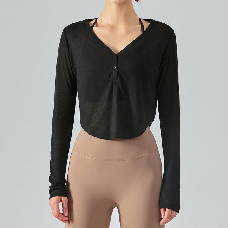 Sheer Long Sleeve Crop Button-Up Yoga Top 