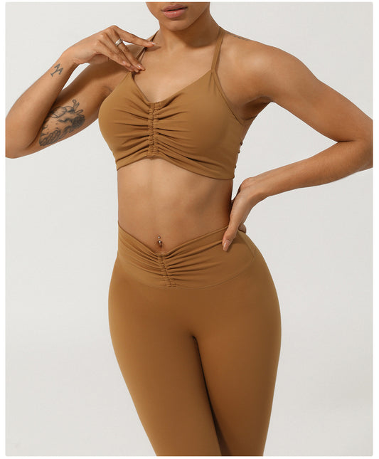 Nude Feel Caged Back Yoga Top and Ruched Front High Waisted Pants Set 