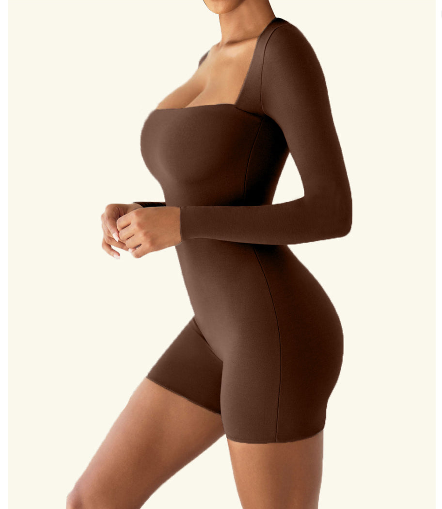 Nude Feel Square Neck Long Sleeve Short Yoga Jumpsuit - Conway Lifestyle