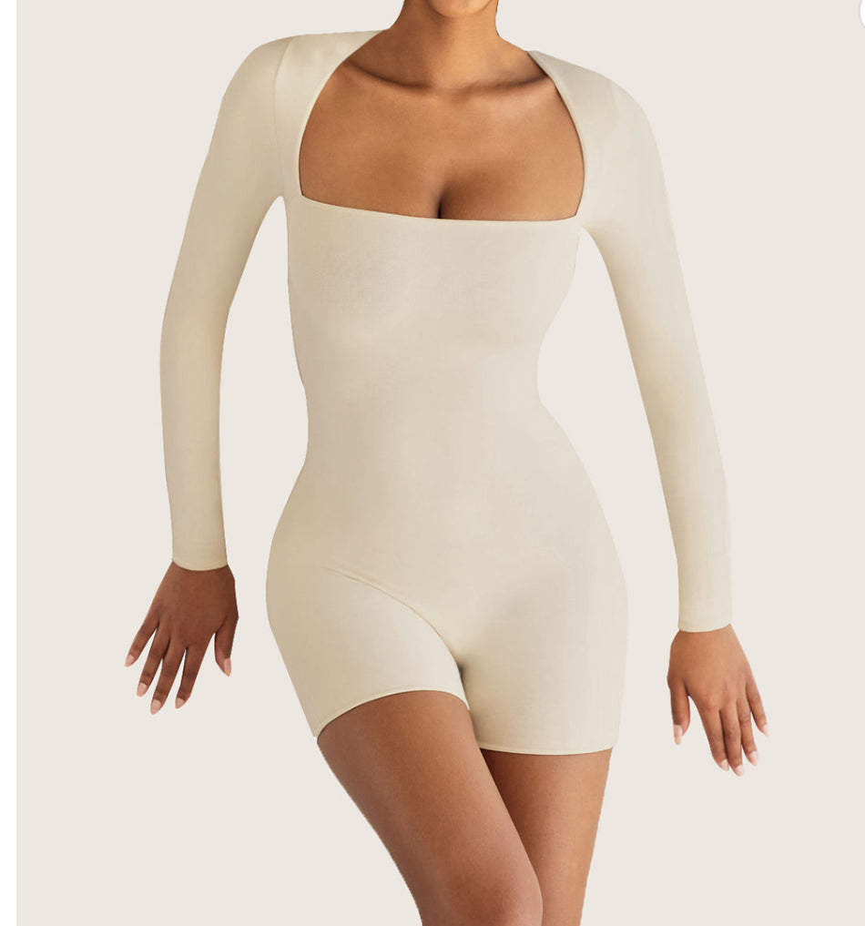 Nude Feel Square Neck Long Sleeve Short Yoga Jumpsuit - Conway Lifestyle