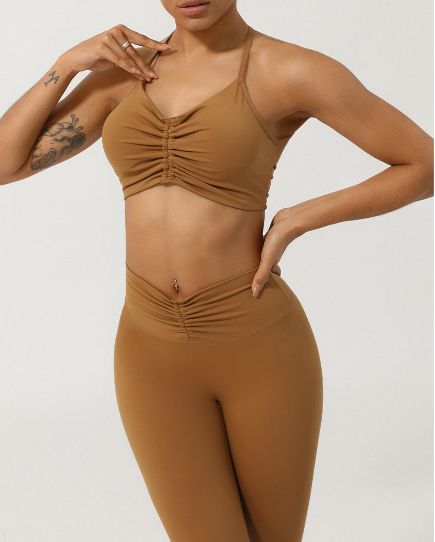 Nude Feel Caged Back Yoga Top and Ruched Front High Waisted Pants Set 