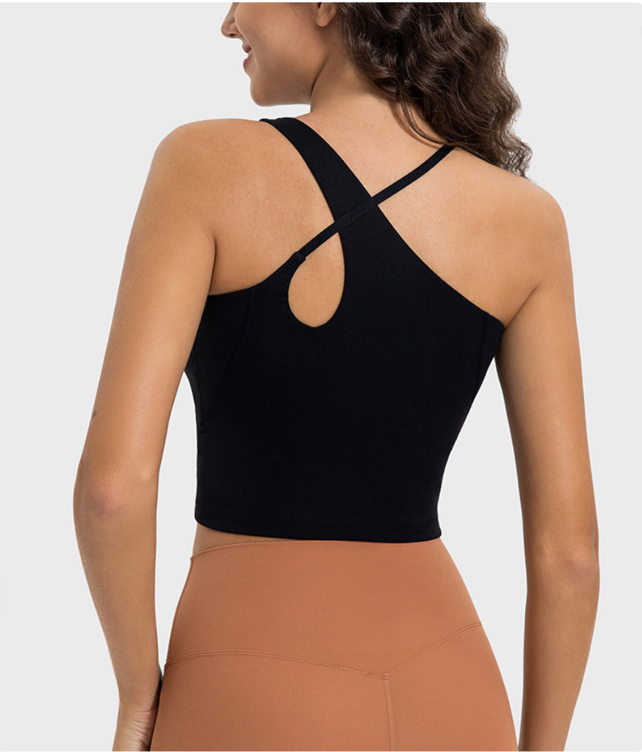 Asymmetrical Cross Neck Full Length Nude Feel Yoga Top 