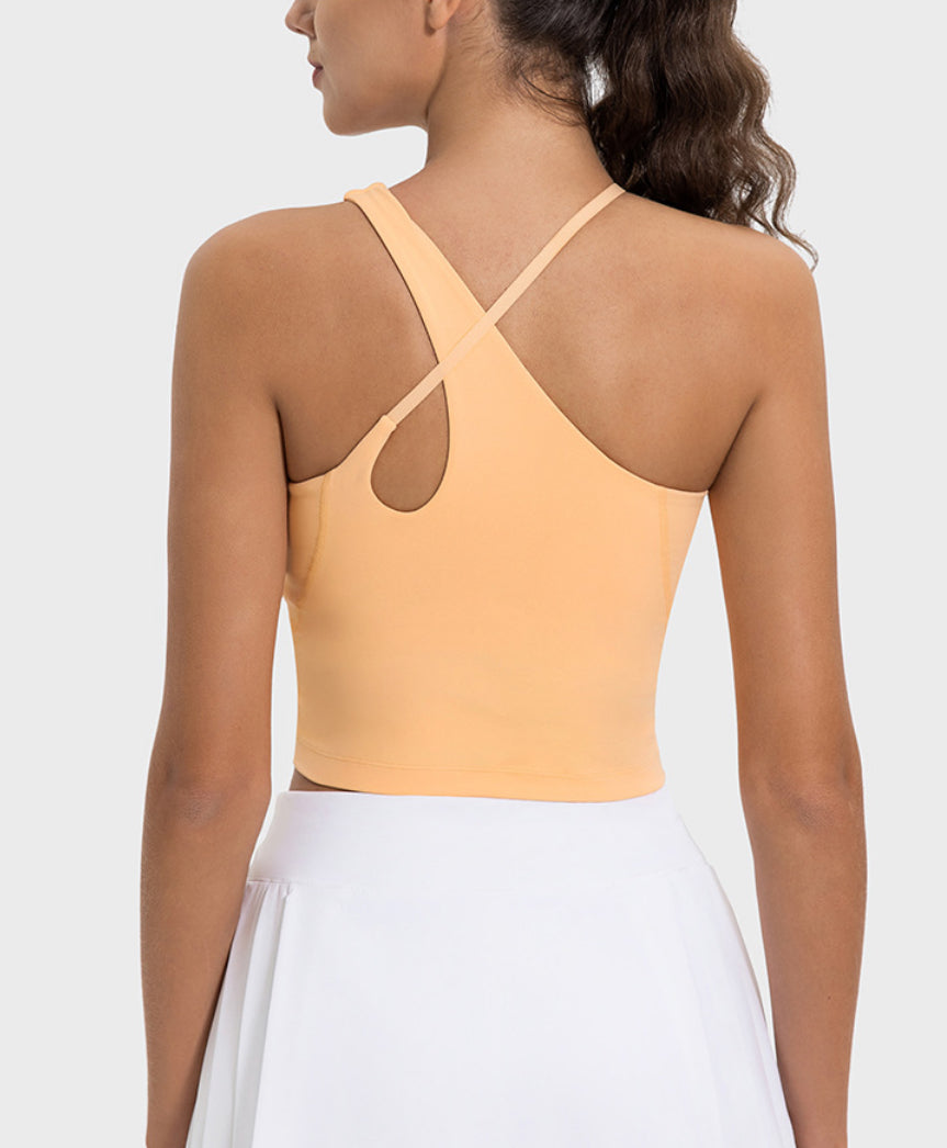 Asymmetrical Cross Neck Full Length Nude Feel Yoga Top 