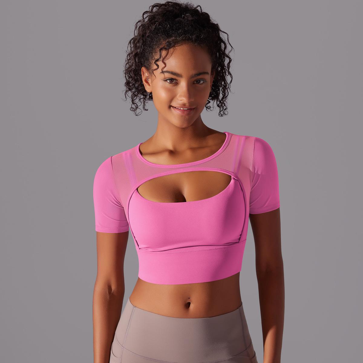 Mesh Short Sleeve Push Up Bra Yoga Top - Conway Lifestyle