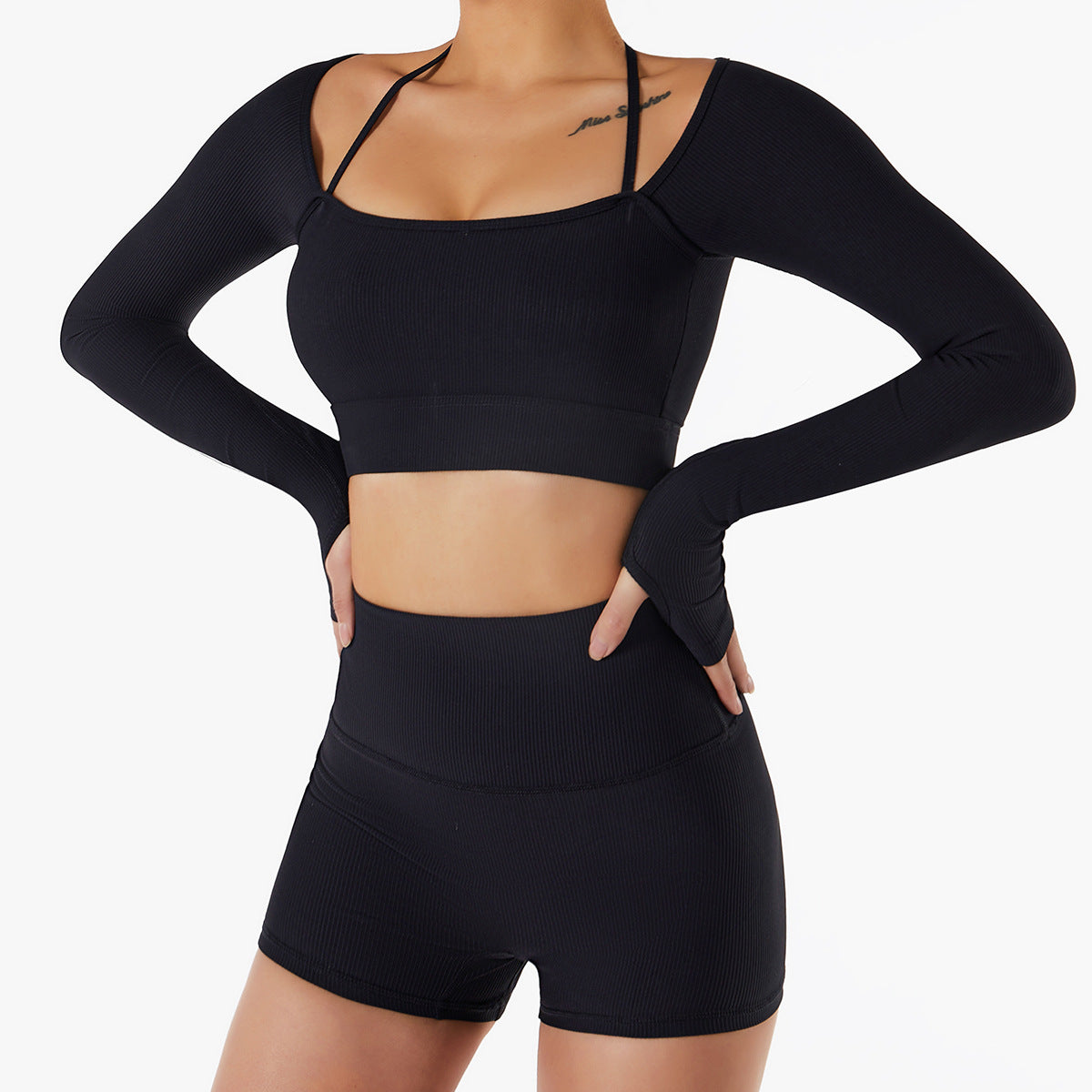 Long Sleeve Halter Crop Top and Short Yoga Set 