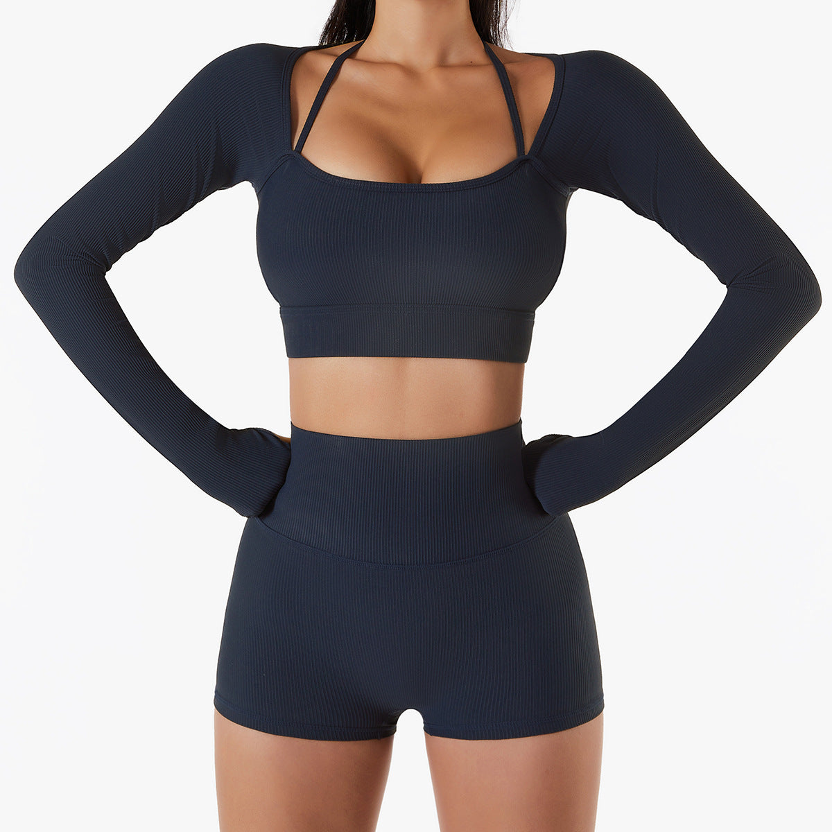 Long Sleeve Halter Crop Top and Short Yoga Set 