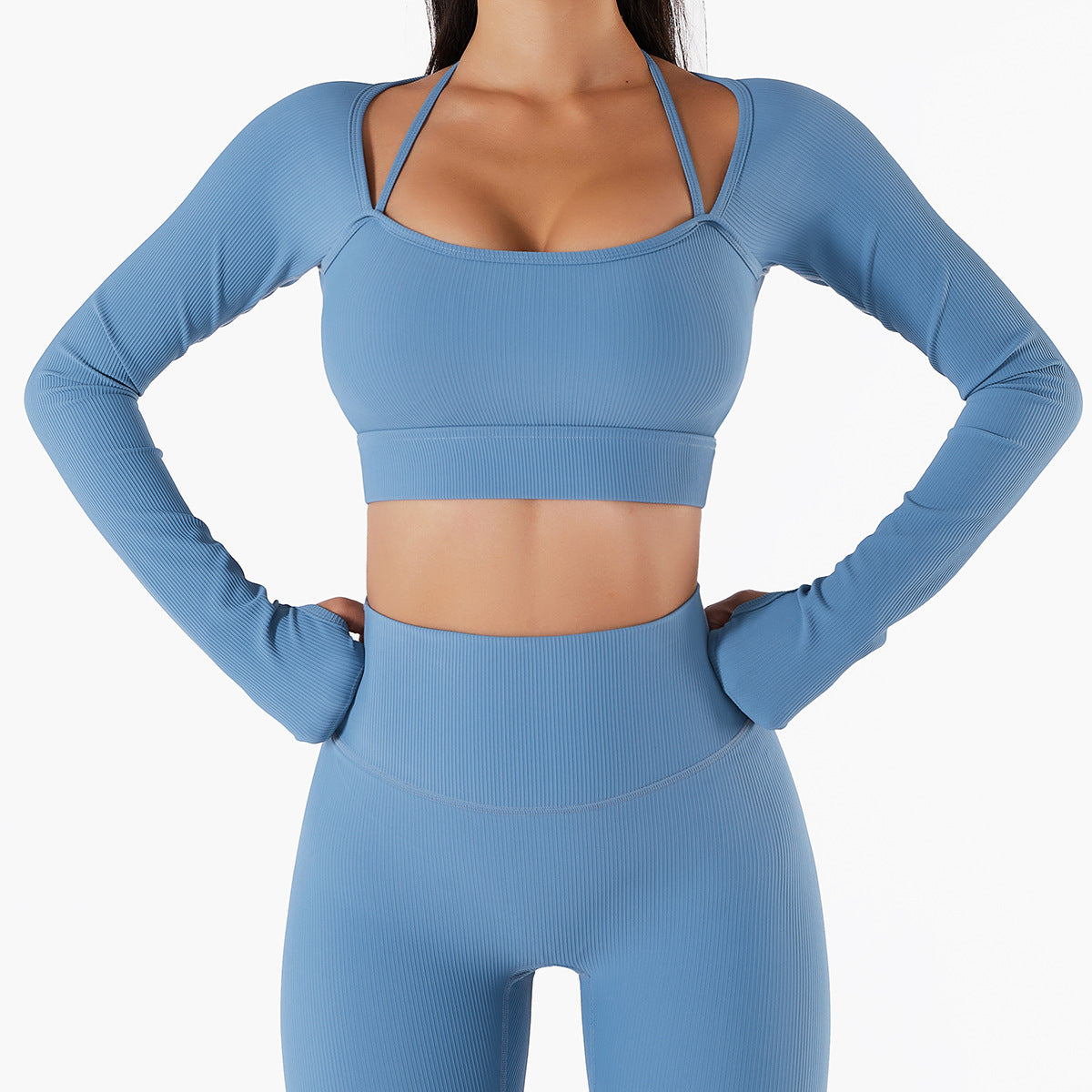 Long Sleeve Halter Crop Top and Short Yoga Set 