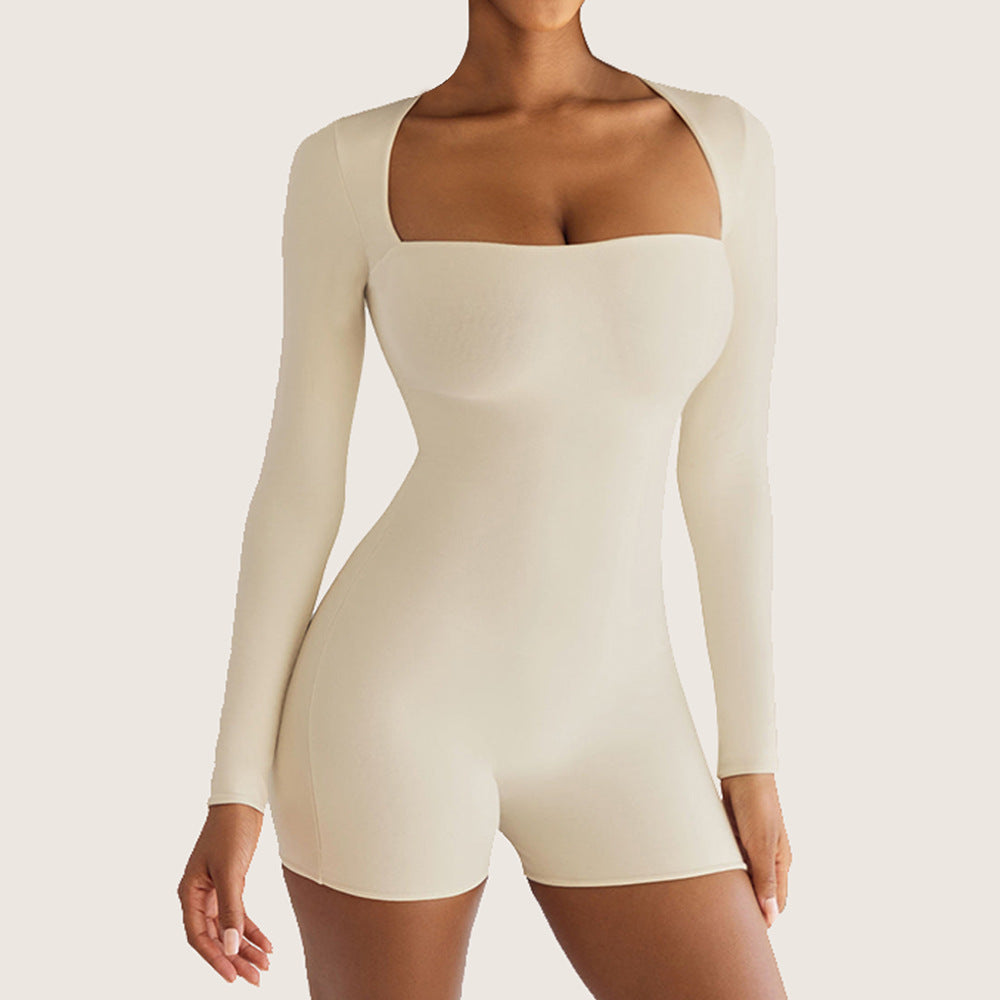 Nude Feel Square Neck Long Sleeve Short Yoga Jumpsuit - Conway Lifestyle