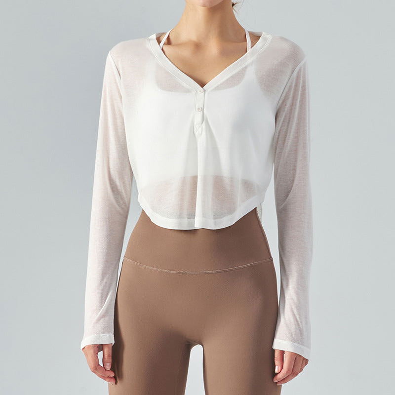 Sheer Long Sleeve Crop Button-Up Yoga Top 