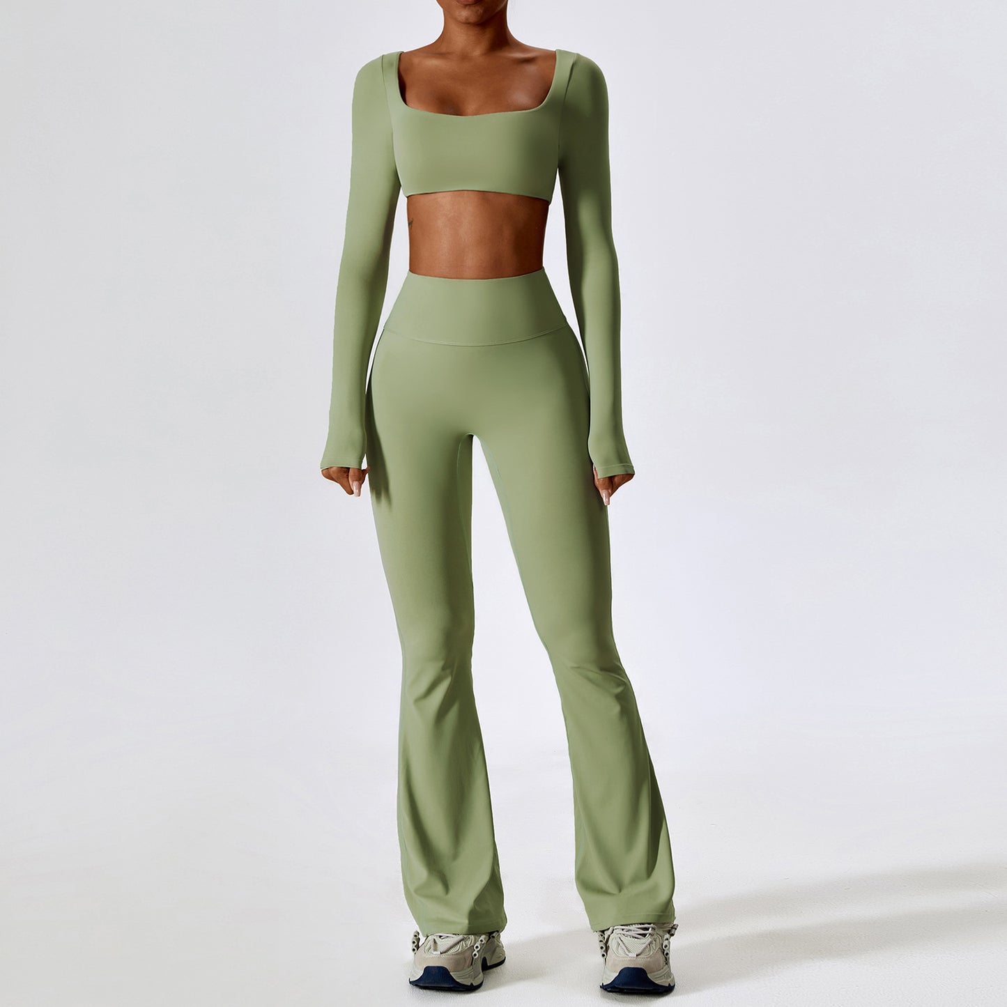 Nude Feel Flare Pants & Cropped Long Sleeve 2-Piece Set - Conway Lifestyle