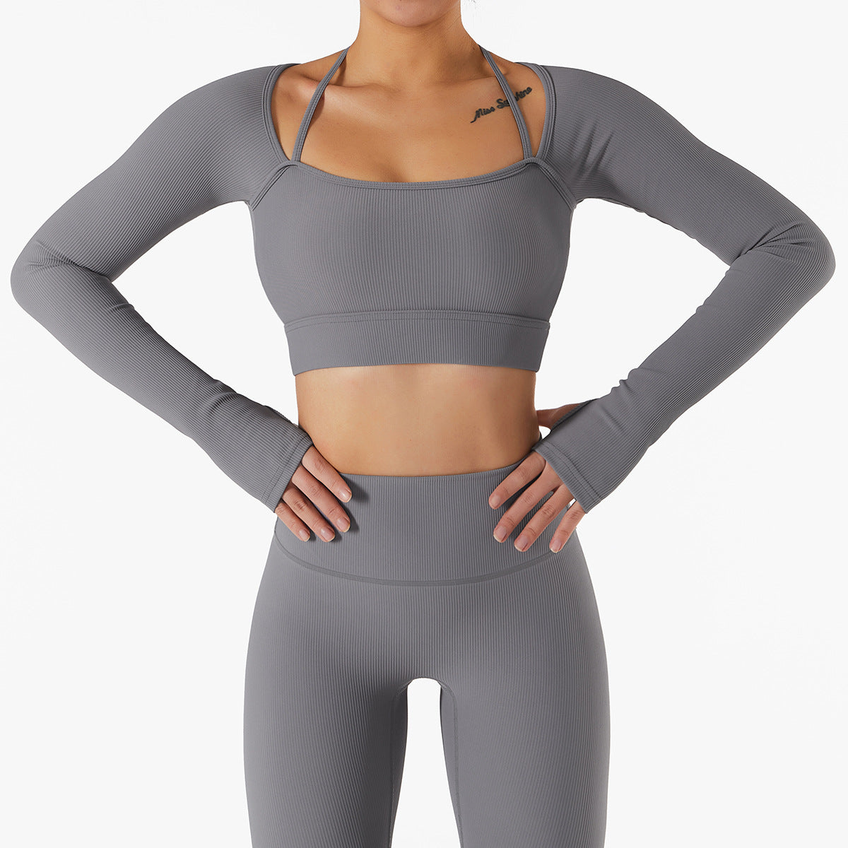 Long Sleeve Halter Crop Top and Short Yoga Set 