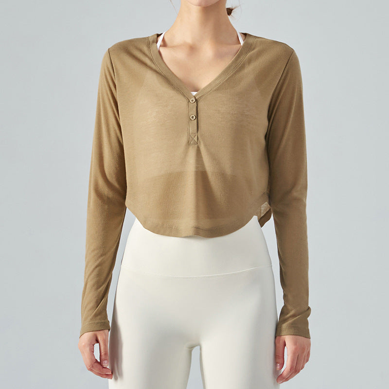 Sheer Long Sleeve Crop Button-Up Yoga Top 