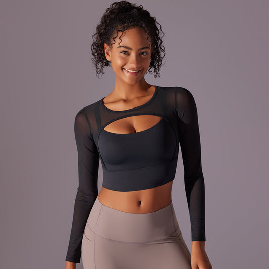 Sexy Mesh Long Sleeve Cut Out Sports Bra - Conway Lifestyle