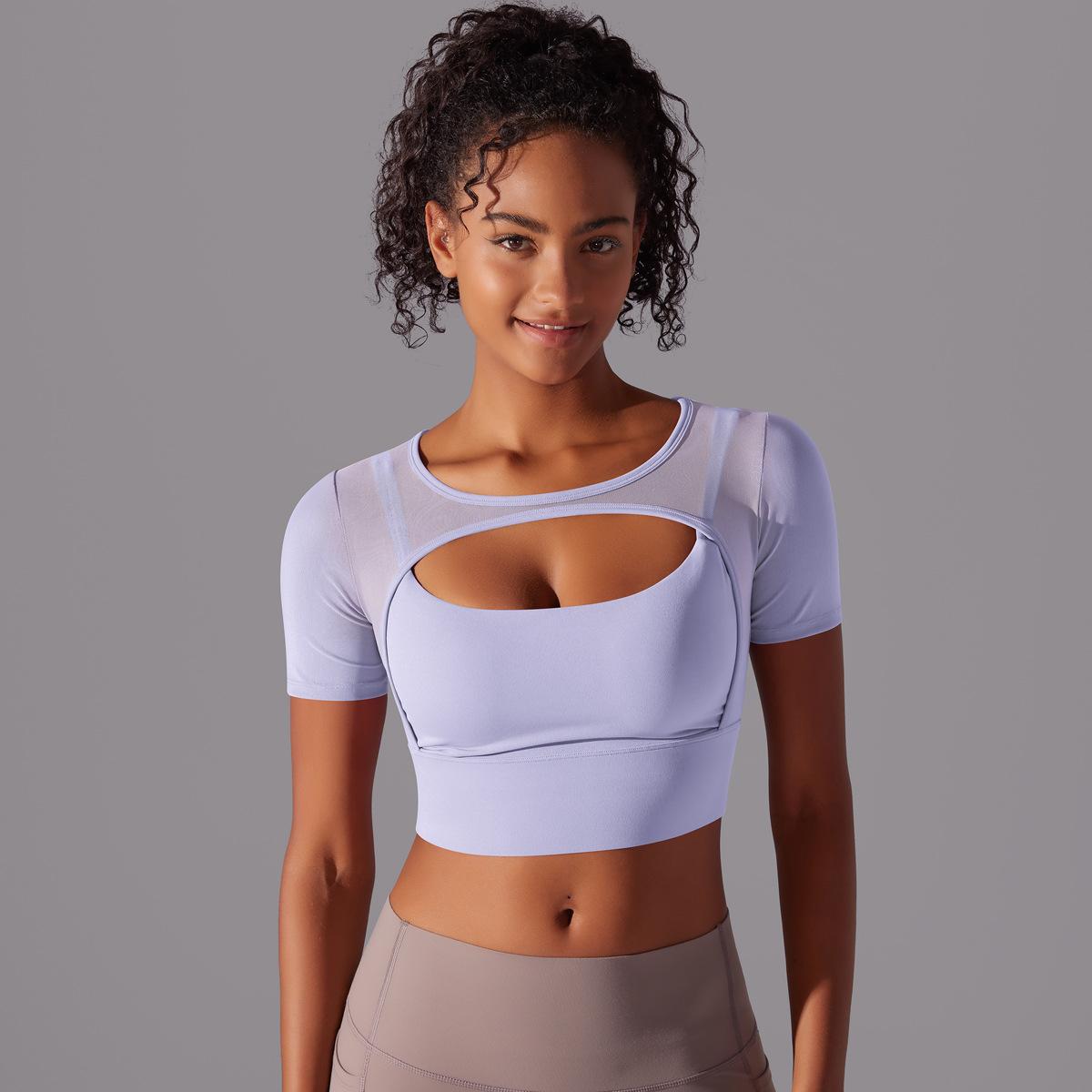 Mesh Short Sleeve Push Up Bra Yoga Top - Conway Lifestyle