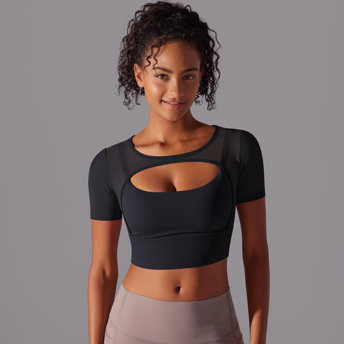 Mesh Short Sleeve Push Up Bra Yoga Top - Conway Lifestyle